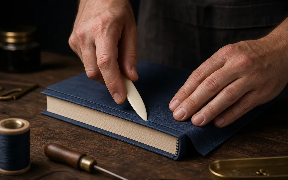 Buchbinder-Hände mit Falzbein am Hardcover