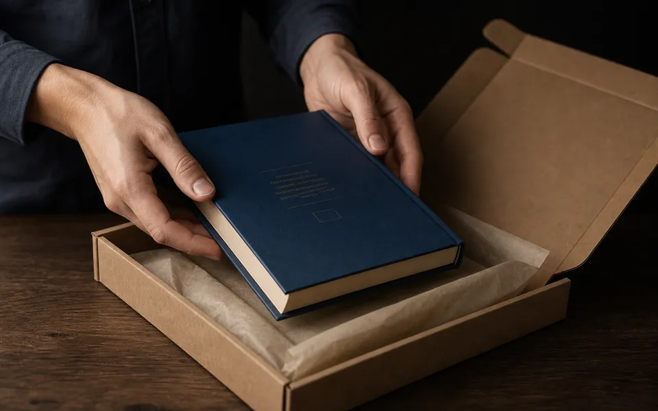 Fertiges Hardcover wird versandfertig im Schutzkarton verpackt