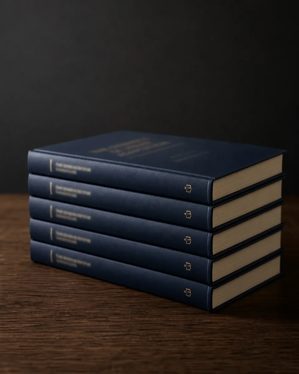 Mehrere identische Hardcover-Exemplare gestapelt